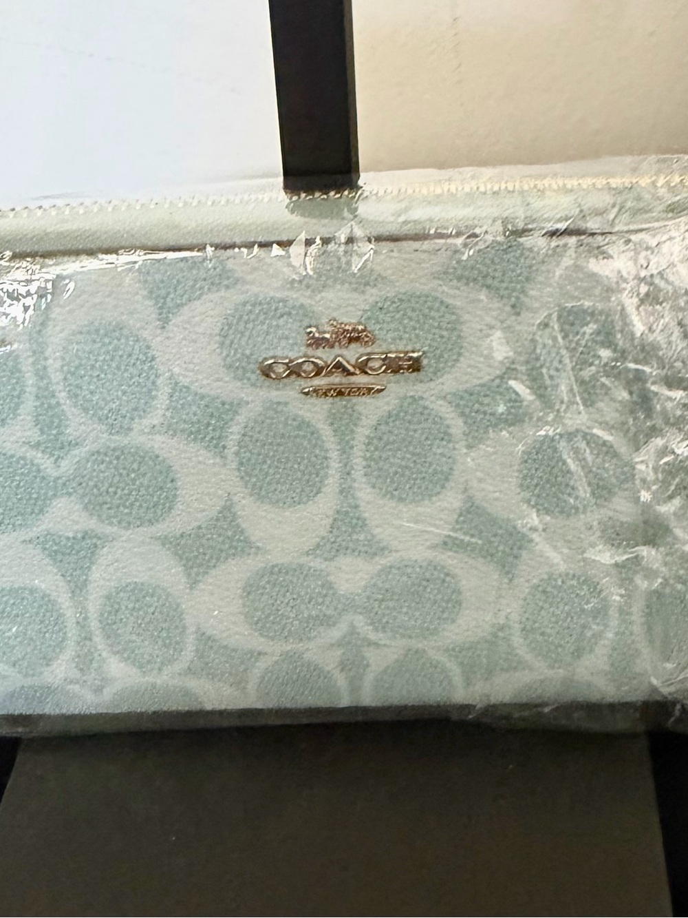 Coach Light Blue Signature Zip Wallet with Gold Hardware